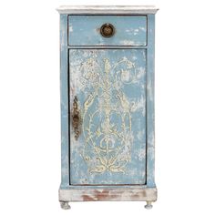 an old blue cabinet with gold designs on the door and drawer, isolated against a white background