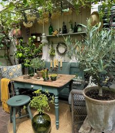 an outdoor patio with potted plants and other things on the table in front of it