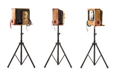 three different types of speakers on stands