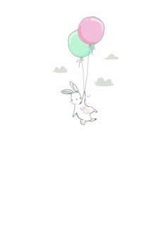 a drawing of a bunny holding two balloons in the shape of a rabbit flying through the sky