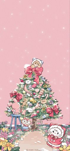 a pink christmas tree with teddy bears on it and presents under the tree, in front of a pink background