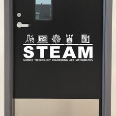 a black door with the words steam on it's side and an image of science technology engineering art mathematic