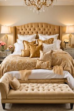 a large bed with gold pillows and throw pillows on it's headboard, sitting in front of a chandelier