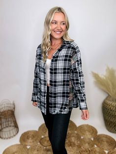 Contrast Flannel Casual Shirt with Frayed Hems Elevate your casual wardrobe with our Contrast Flannel Casual Shirt. This button-down, long sleeve shirt features a timeless black and white plaid pattern with a subtle pop of olive, adding a touch of modern flair. The frayed hem details throughout give it a relaxed, laid-back vibe, perfect for everyday wear. The relaxed fit ensures comfort and versatility, making it an ideal choice for a variety of settings. Wear it to a pumpkin patch outing, a cas