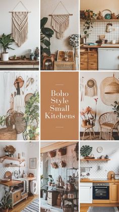 boho style small kitchen collage with photos and text overlaying the image