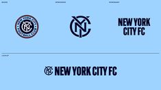 the new york city fc logo is shown in three different colors and font styles, including blue