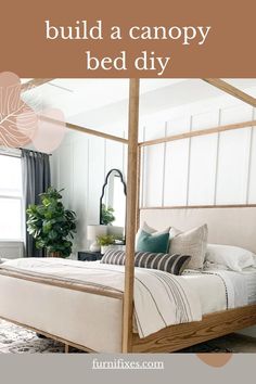 Build a Canopy Bed Diy Canopy King Bed, Kind Bed, Mdf Trim, Canopy Bed Diy, Bed With Posts, King Bedding, Diy Canopy, Pottery Barn Inspired, Bed Diy