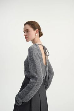 Open back cropped sweater – Ancosti Tie Back Sweater, Open Back Sweater, She Is Clothed, Cropped Pullover, Metallic Yarn, Detailed Sweater, Waist Jeans, Ribbed Neckline, Rolled Hem