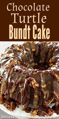 chocolate turtle bundt cake on a plate with pecans in the middle and text overlay