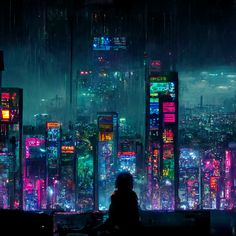 a person sitting on a bench in front of a cityscape with neon lights