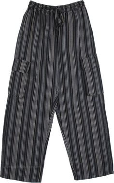 Lightweight and fun, these casual striped full length trousers in black and gray monochromatic print are easy to wear pull-up style pants with an elastic waistband.  These feature five pockets - two deep pockets on the sides with flaps to keep utility items. #tlb #SplitSkirtsPants #Pocket #Yoga #vacationclothing #beachwrap #CottonPantswithpockets #Unisexbohopants #Bohocargopants #Unisexpantswithpockets Casual Black Bottoms With Vertical Stripes, Black Trousers With Vertical Stripes, Casual Striped Pants With Side Pockets, Casual Striped Bottoms With Side Pockets, Black Striped Trousers, Urban Boho, Mens Cargo Trousers, Cotton Harem Pants, Everyday Pants