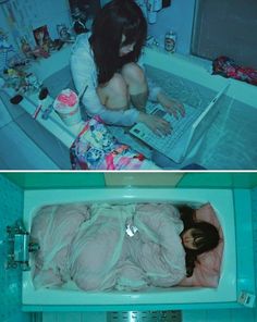 two pictures side by side one shows a woman on her laptop and the other shows an unmade bed