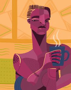 an illustration of a man holding a coffee cup with steam coming out of his chest