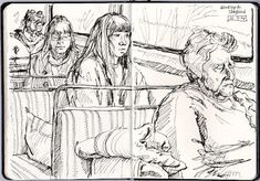 a black and white drawing of people riding on a bus with one woman looking out the window