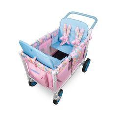 a pink and blue stroller with bows on it