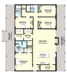 the floor plan for a three bedroom apartment with an attached bathroom and living room area