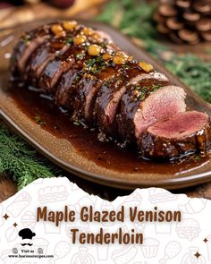 a large piece of meat on a plate with sauce and pine cones in the background