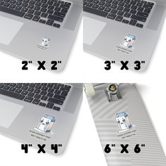 four different views of a laptop with the same sticker on it's side