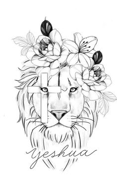 a lion with flowers on its head and the word jesus written in cursive writing