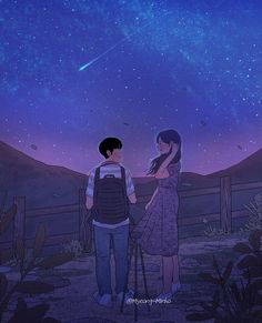 two people looking up at the stars in the night sky, with one person holding a cane