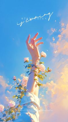 a person reaching up into the sky with their hand in the air and flowers growing out of it