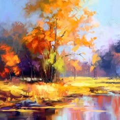 an oil painting of trees and water in the fall season with oranges, yellows, and reds