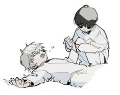 a drawing of a boy laying on the ground next to another person with his arm around him