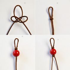 four pictures of different ropes with red beads on them and one has a knot at the end