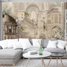 a living room with a large mural on the wall