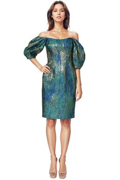 Off the Shoulder Puff Sleeve Brocade Cocktail Mardi Gras Cocktail Dress, Cocktail Party Attire, Unique Cocktail Dresses, Shoulder Puff Sleeve, Pre Fall Collection, Short Cocktail Dress, Teal And Gold, Border Print, Cocktail Hour