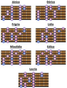 the guitar frets are labeled in blue and white circles, with four major chords highlighted