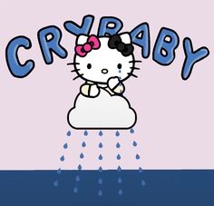 a hello kitty cartoon character sitting on top of a cloud with the word crappy written above it