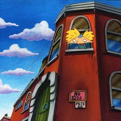 a painting of a red building with a cartoon character looking out the window