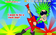 a cartoon character holding a red guitar in front of fireworks with caption that says i want to be a rock star