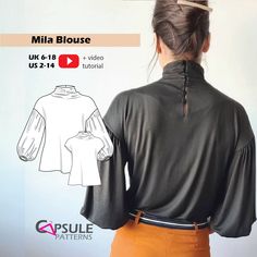 a woman's blouse sewing pattern with the back view of her top and shoulder