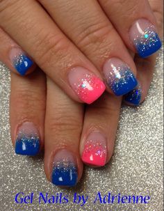 Neon Pink And Blue Nails, Royal Blue And Pink Nails, Nails Blue And Pink, Hot Pink And Blue Nails, Sns Nails Designs, Ombre Gel Nails, Purple Glitter Nails, Blue Gel Nails, Nail Tip Designs