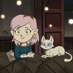 a cartoon character sitting next to a white cat