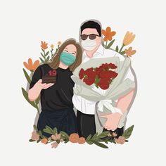 a man and woman wearing face masks holding bouquets of red roses with the date 19 on them