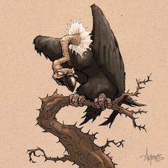 an eagle sitting on top of a tree branch next to a bird with its beak open