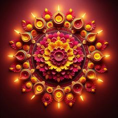 an intricate circular arrangement with candles and flowers on a dark red background in the center