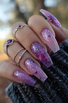 Purple Nails With Jewels, Simples Nails, Royal Purple Nails, Birthday Nails Purple, Purple Galaxy Nails, Purple Prom Nails, Fairytale Nails, Ethereal Nails, Shimmery Nails