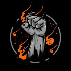 a fist is shown in the middle of a black background with orange and red flames