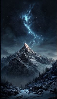 a mountain covered in snow under a night sky