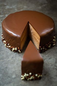 a chocolate cake with one slice cut out and sprinkled with nuts on the side