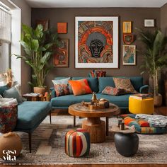 a living room filled with lots of colorful furniture