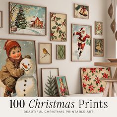 christmas prints are hung on the wall in this room