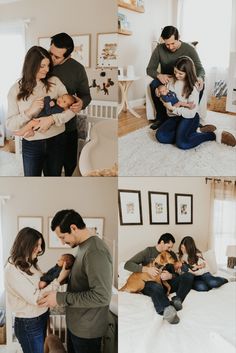 a family is sitting on the bed with their dog and holding each other in their arms