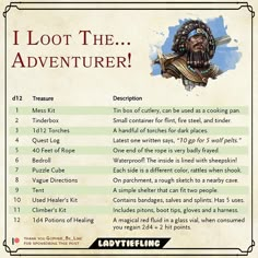 an image of a poster with the words i loot the adventurer written in it