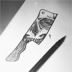 a drawing of a knife with an evil face on it's blade is shown next to a pen