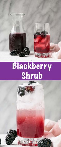 blackberry shrub cocktail in two glasses with blackberries on the rim and another glass filled with liquid